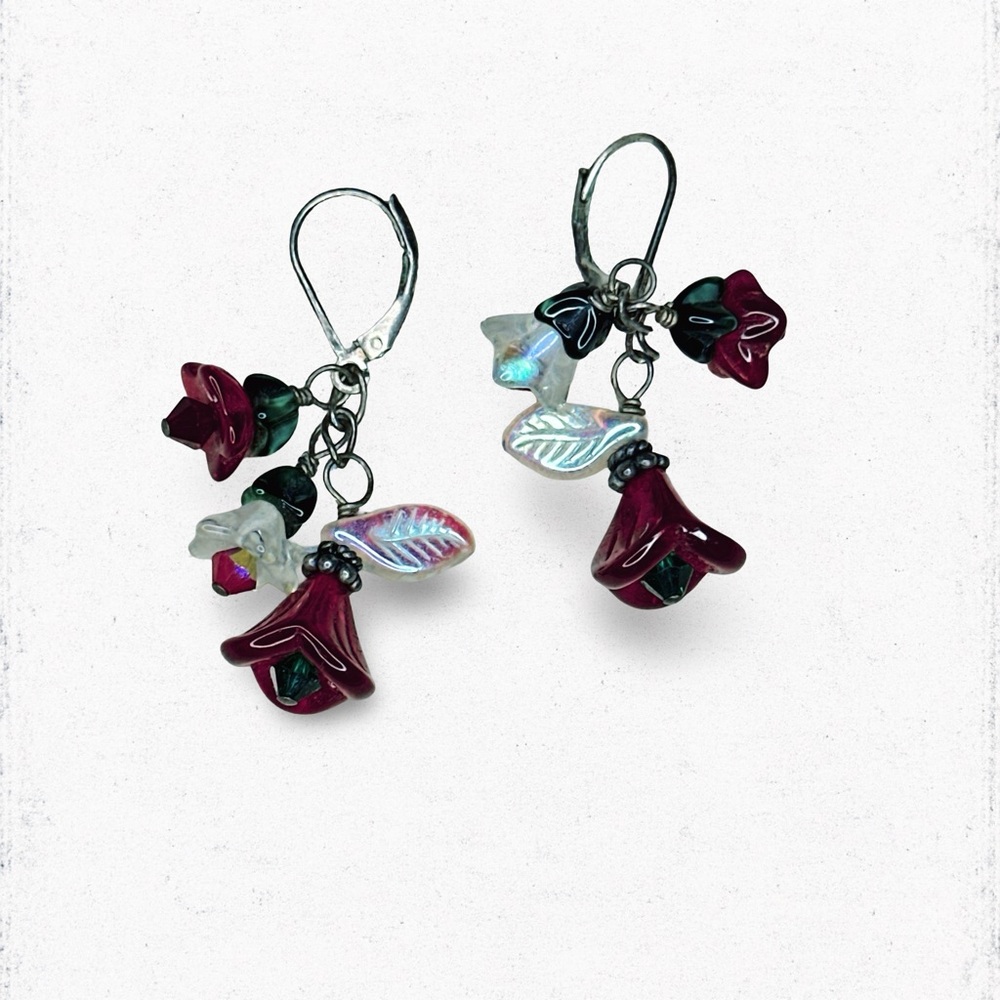 7014. Glass Burgundy Habdmade Floral Drop Earrings